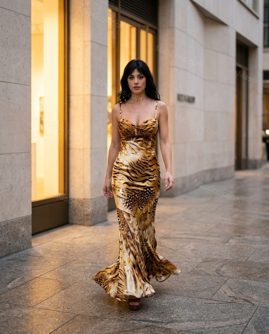 Gold Satin Dress, movement and fit lifestyle view, by Massicos