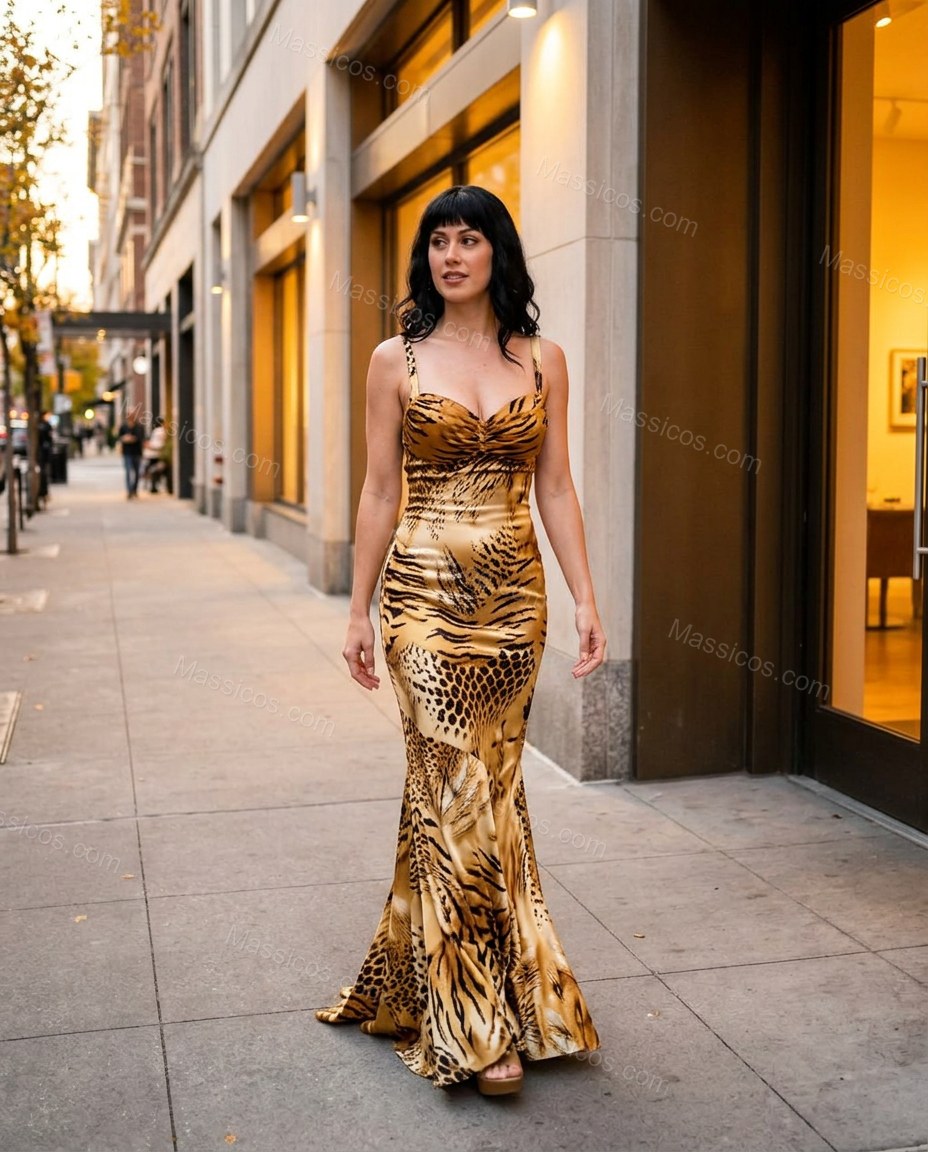 Gold Satin Dress, walking lifestyle view, by Massicos