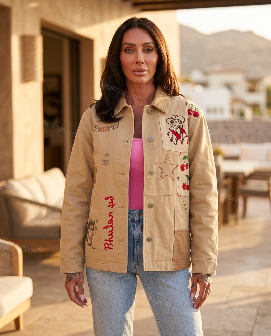 Tan Patchwork Embroidered Corduroy Jacket, three-quarter brand lifestyle view, by Massicos