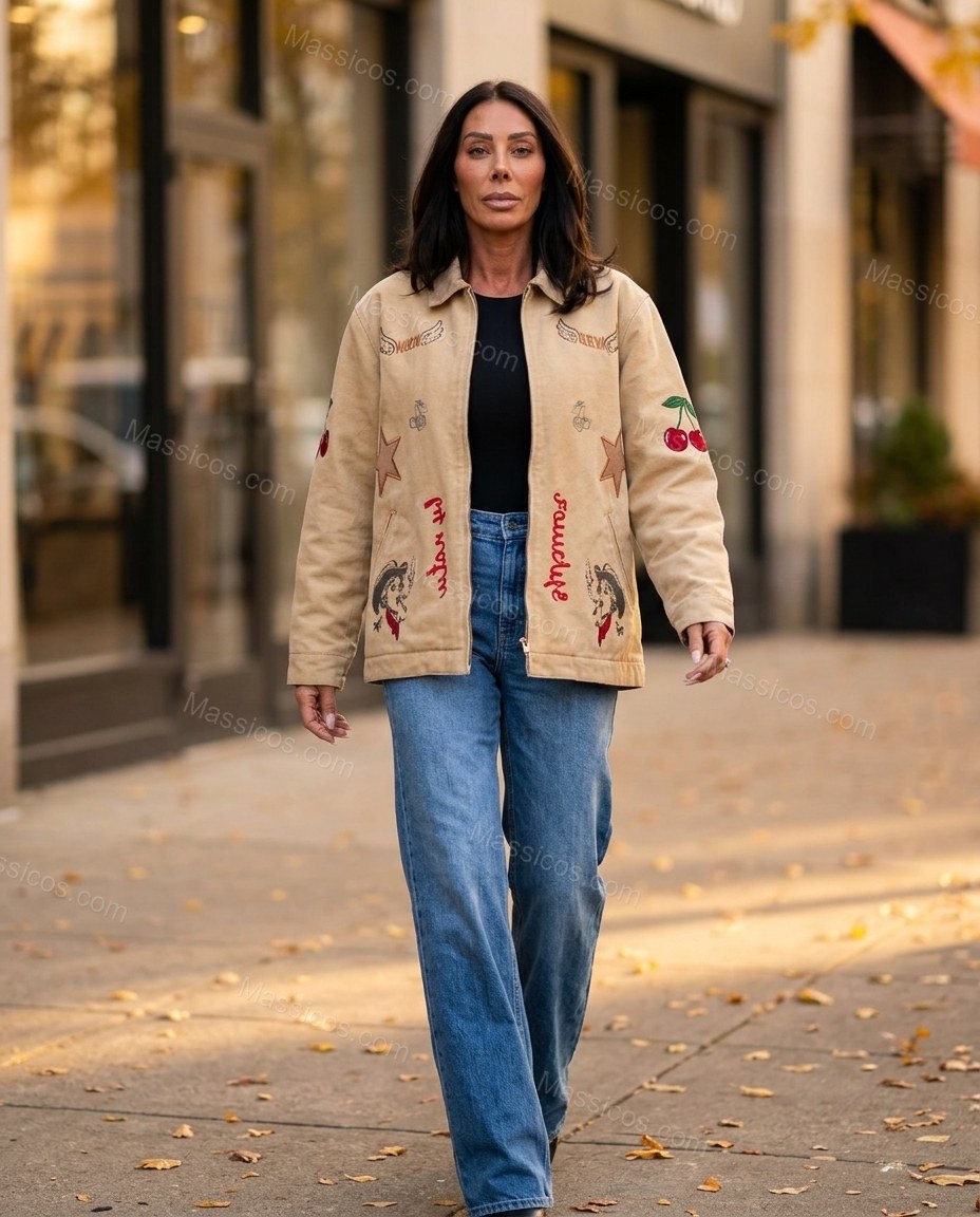 Tan Patchwork Embroidered Corduroy Jacket, walking lifestyle view, by Massicos