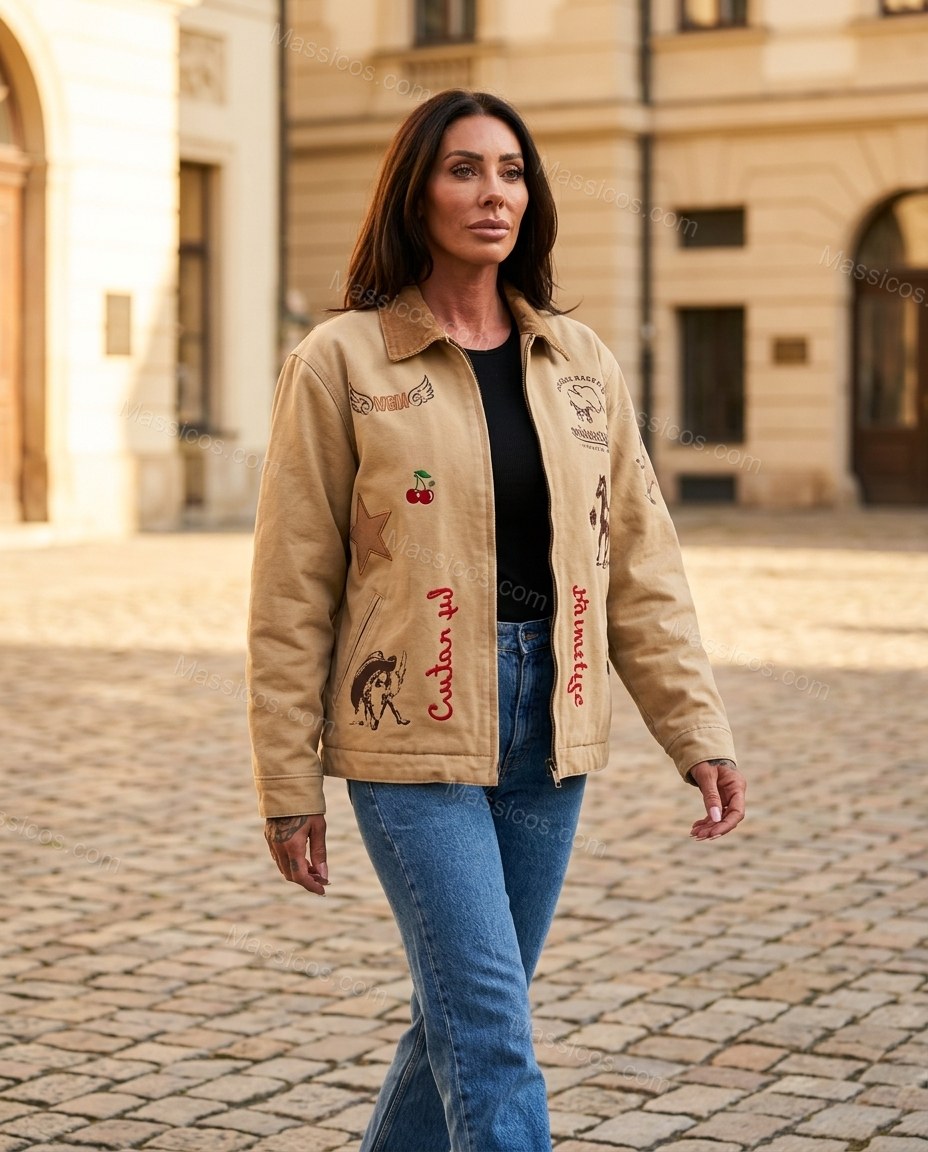 Tan Patchwork Embroidered Corduroy Jacket, movement and fit lifestyle view, by Massicos