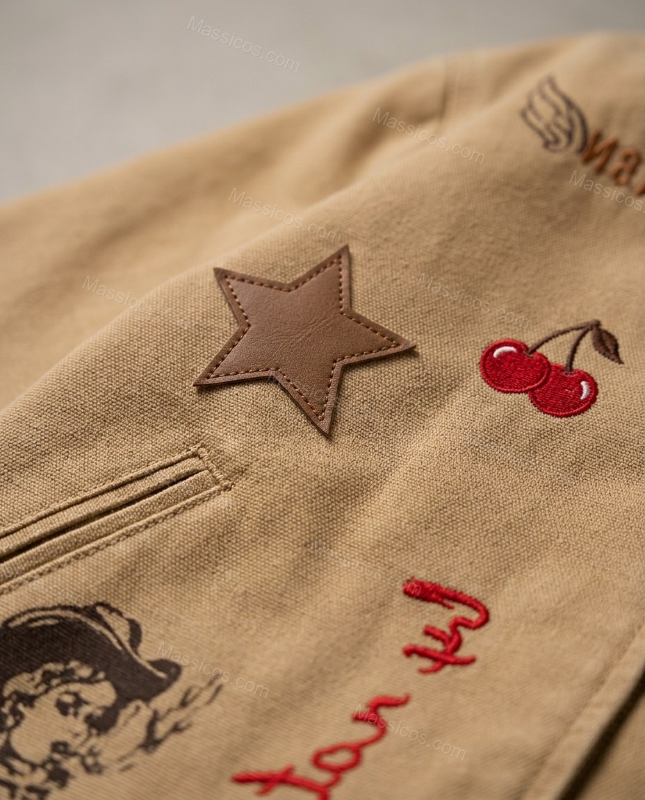 Tan Patchwork Embroidered Corduroy Jacket, close-up of patchwork, by Massicos