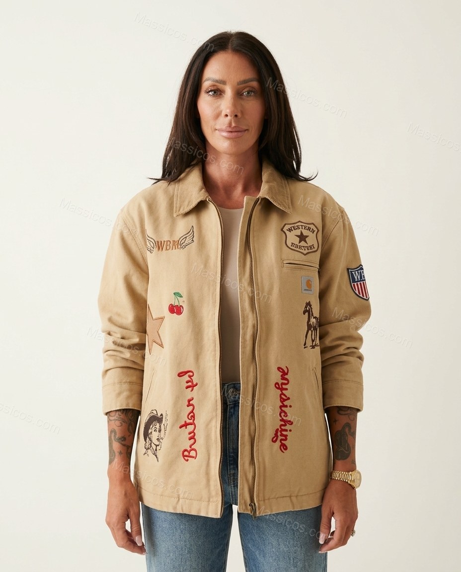 Tan Patchwork Embroidered Corduroy Jacket, front studio view, by Massicos