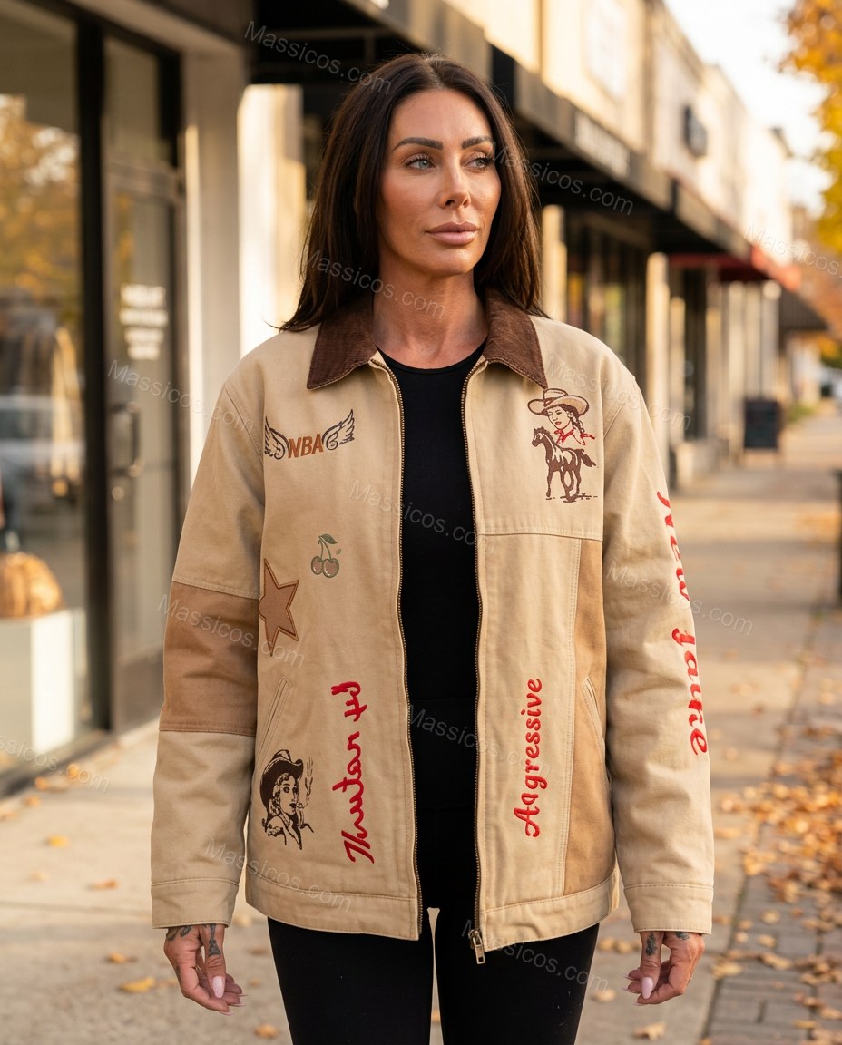 Tan Patchwork Embroidered Corduroy Jacket, alternate use-case lifestyle view, by Massicos