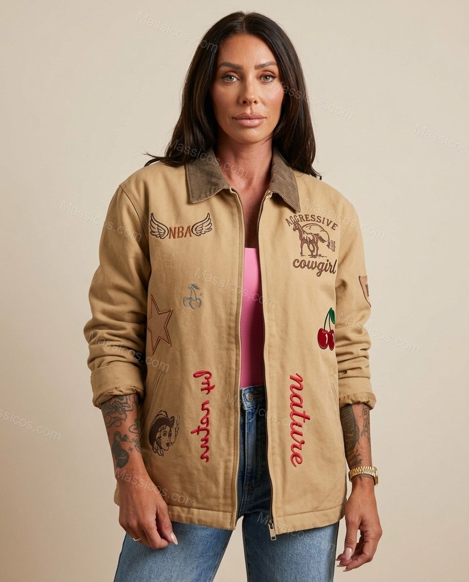 Tan Patchwork Embroidered Corduroy Jacket, full-length hero view, by Massicos