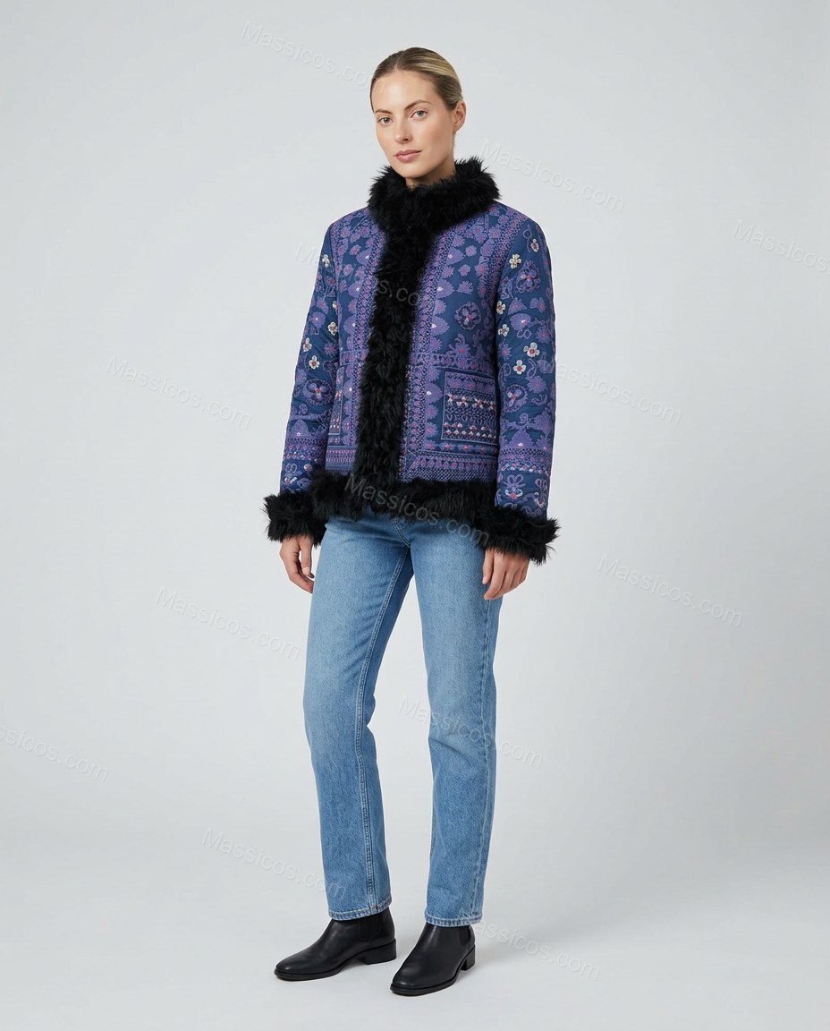 Blue Floral Embroidered Faux-Fur Coat, front studio view, by Massicos