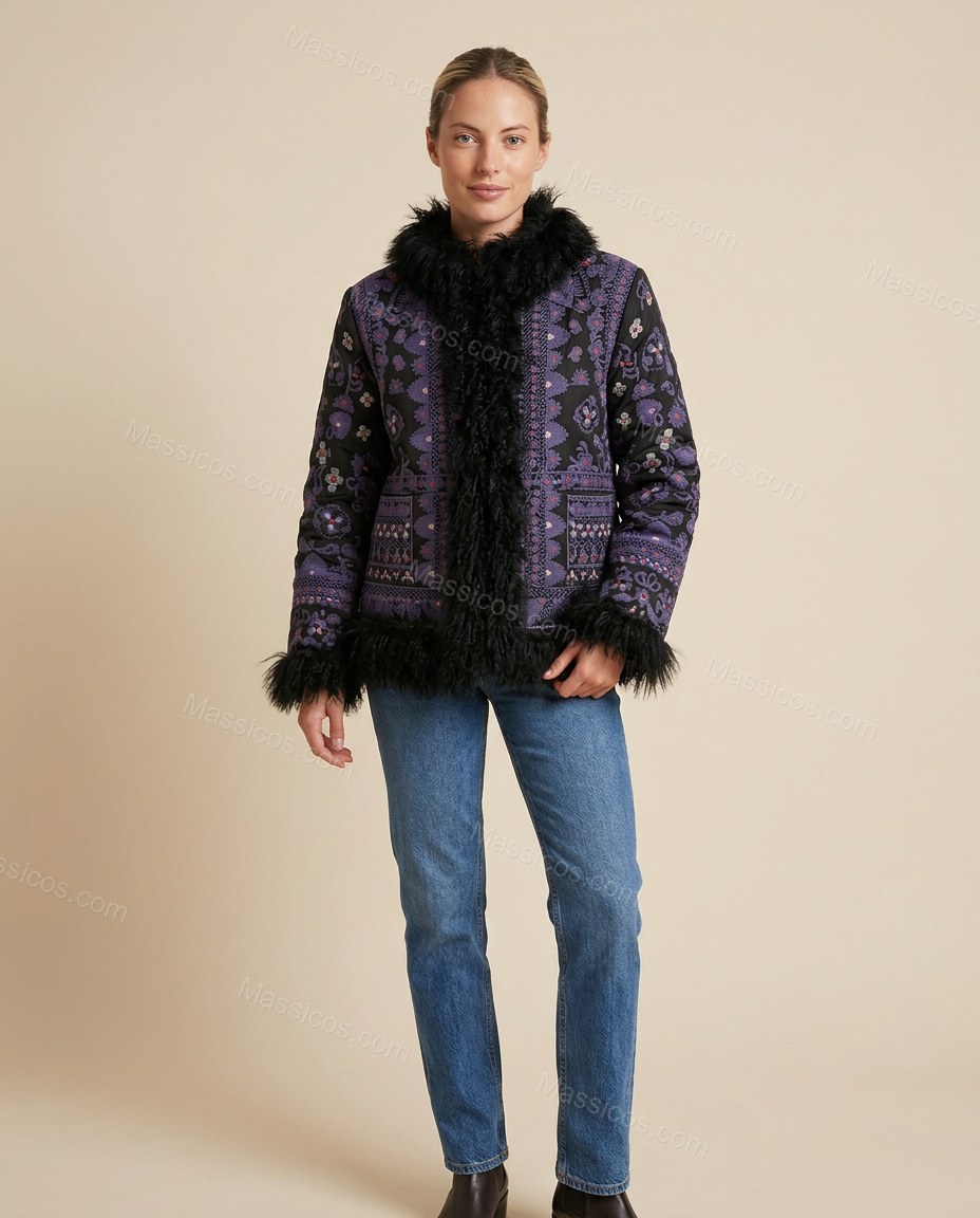 Blue Floral Embroidered Faux-Fur Coat, full-length hero view, by Massicos