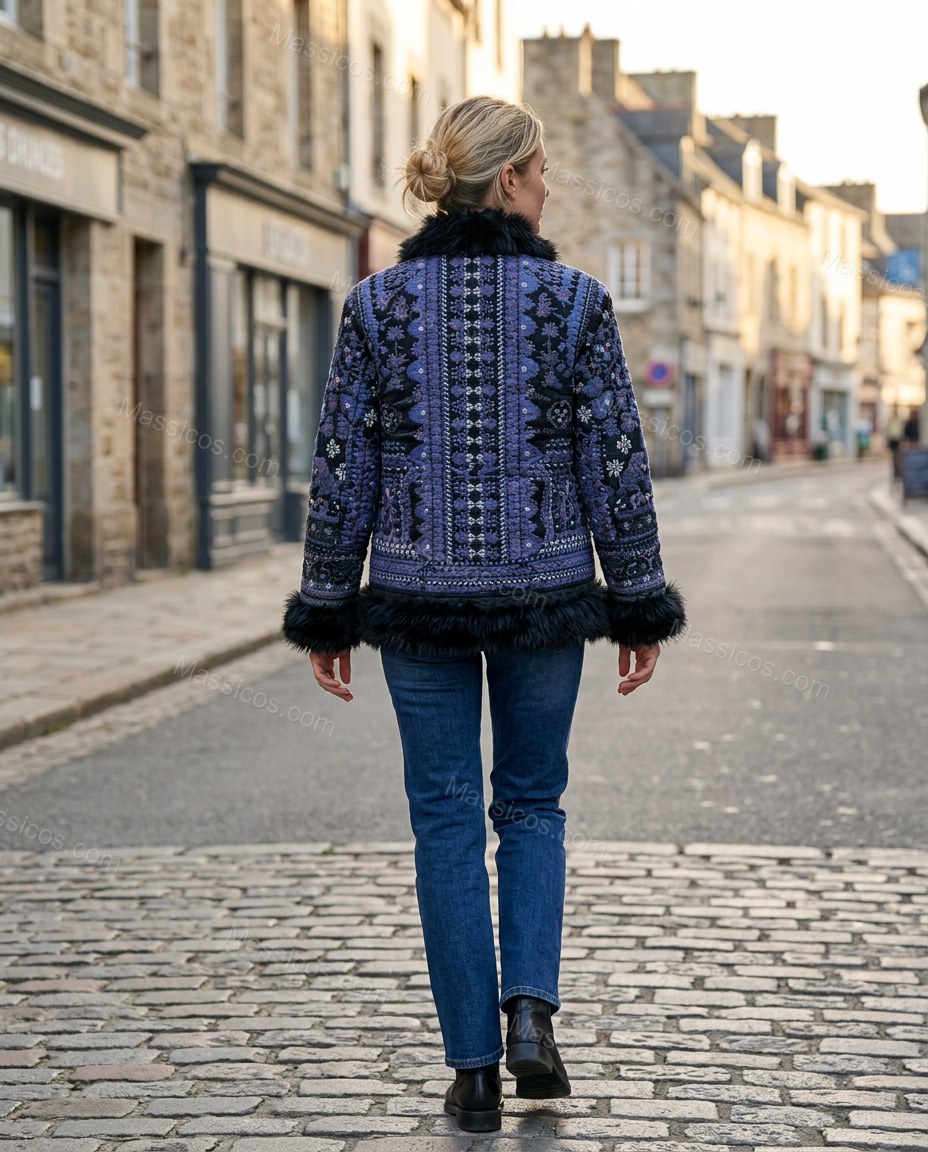 Blue Floral Embroidered Faux-Fur Coat, movement and fit lifestyle view, by Massicos
