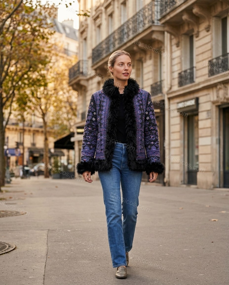 Blue Floral Embroidered Faux-Fur Coat, alternate use-case lifestyle view, by Massicos