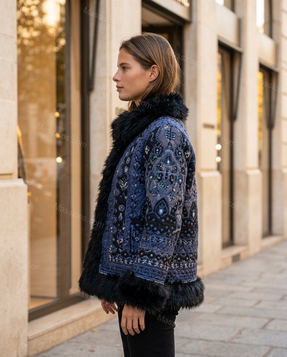 Blue Floral Embroidered Faux-Fur Coat, three-quarter brand lifestyle view, by Massicos