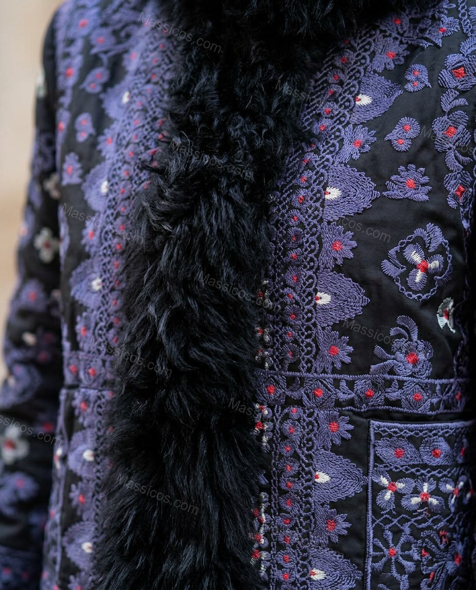 Blue Floral Embroidered Faux-Fur Coat, close-up of floral, by Massicos