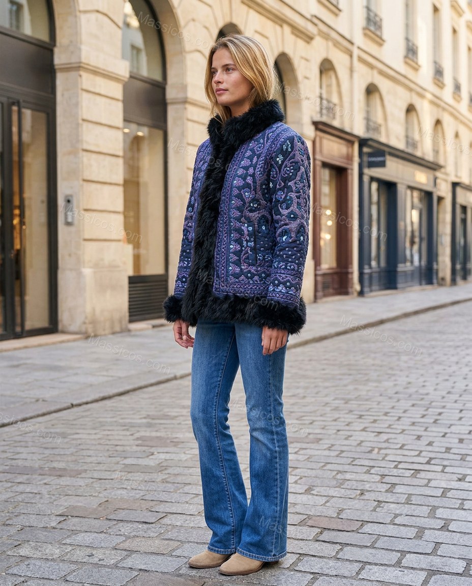 Blue Floral Embroidered Faux-Fur Coat, walking lifestyle view, by Massicos