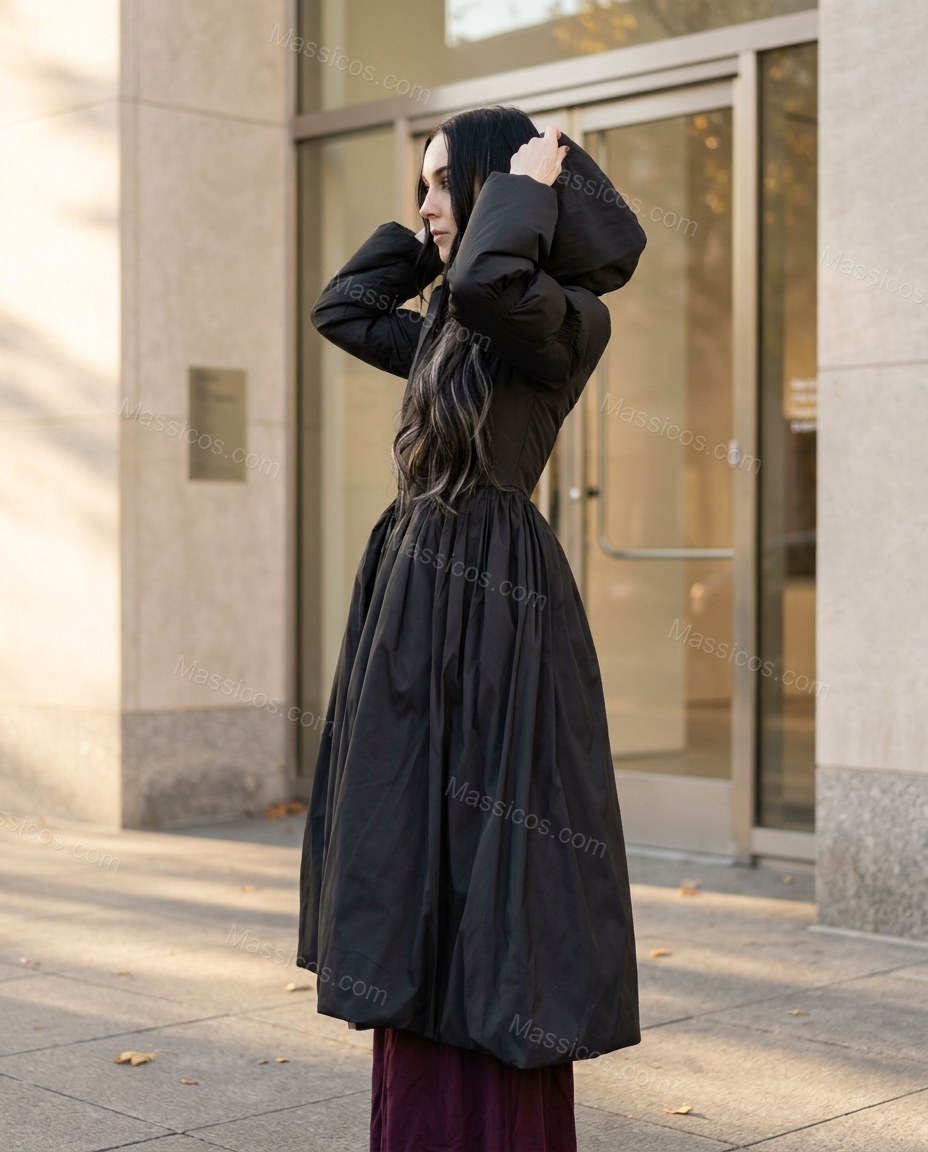 Black Satin Coat, alternate use-case lifestyle view, by Massicos