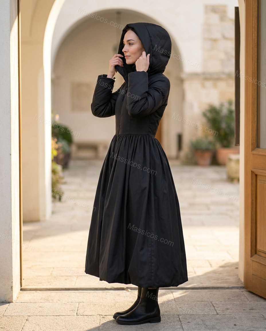 Black Satin Coat, walking lifestyle view, by Massicos