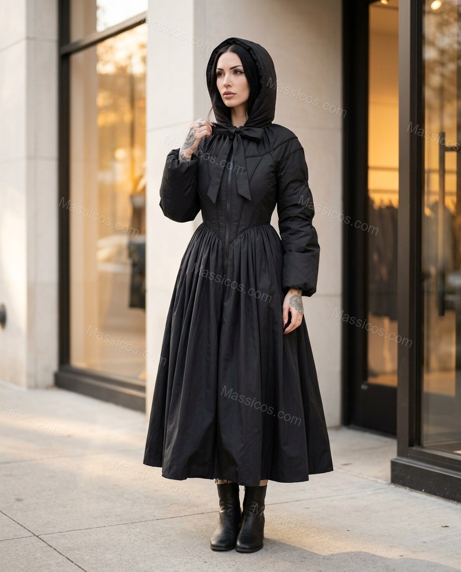 Black Satin Coat, three-quarter brand lifestyle view, by Massicos