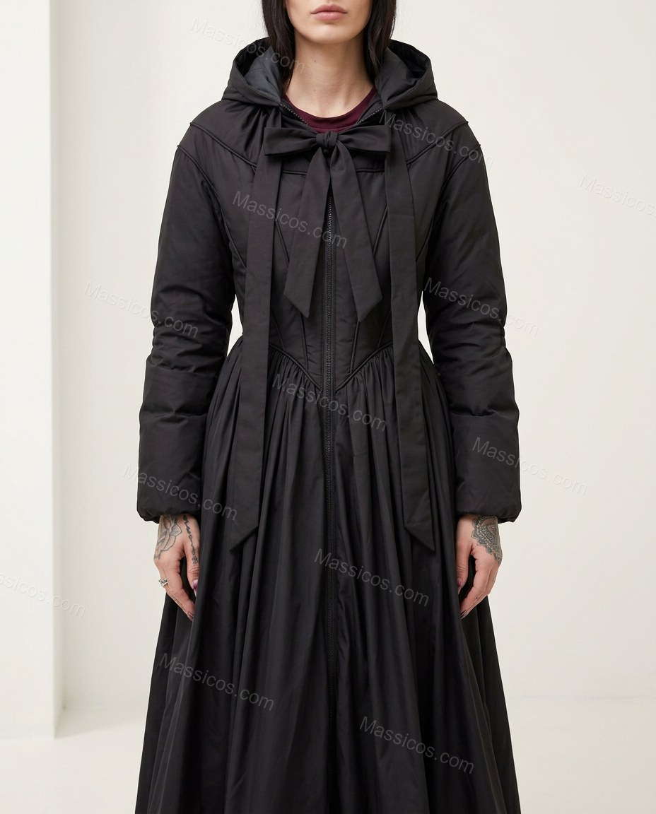Black Satin Coat, full-length hero view, by Massicos
