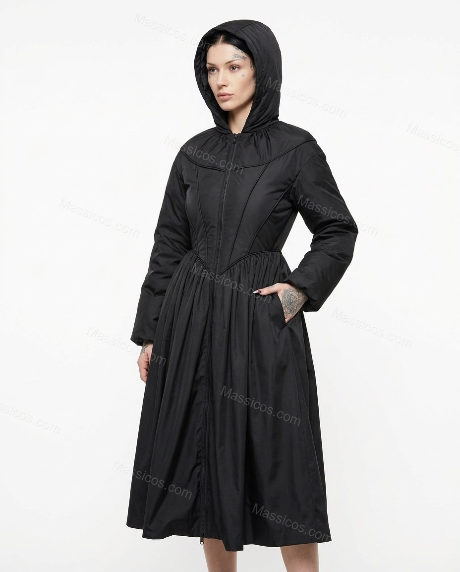 Black Satin Coat, front studio view, by Massicos