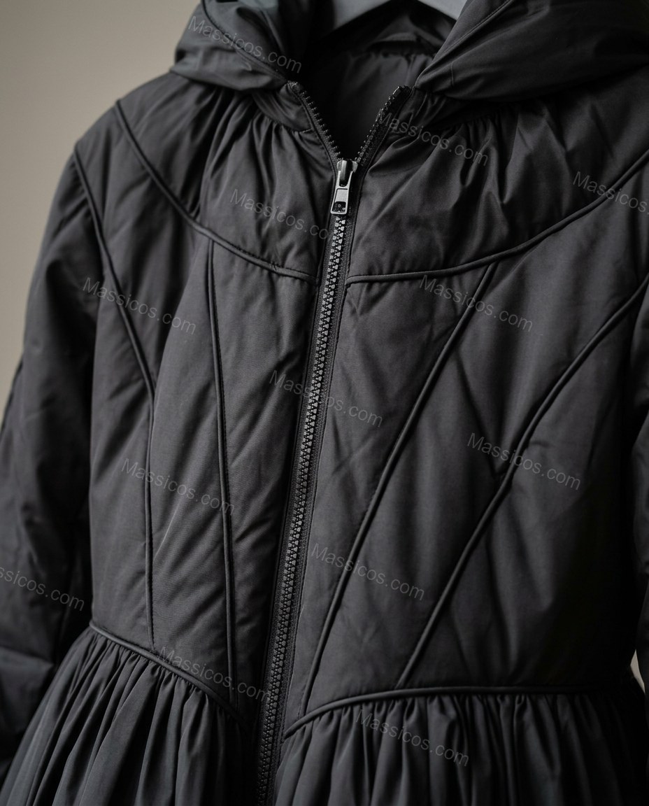 Black Satin Coat, close-up of hood, gathered waist and gathered skirt, by Massicos