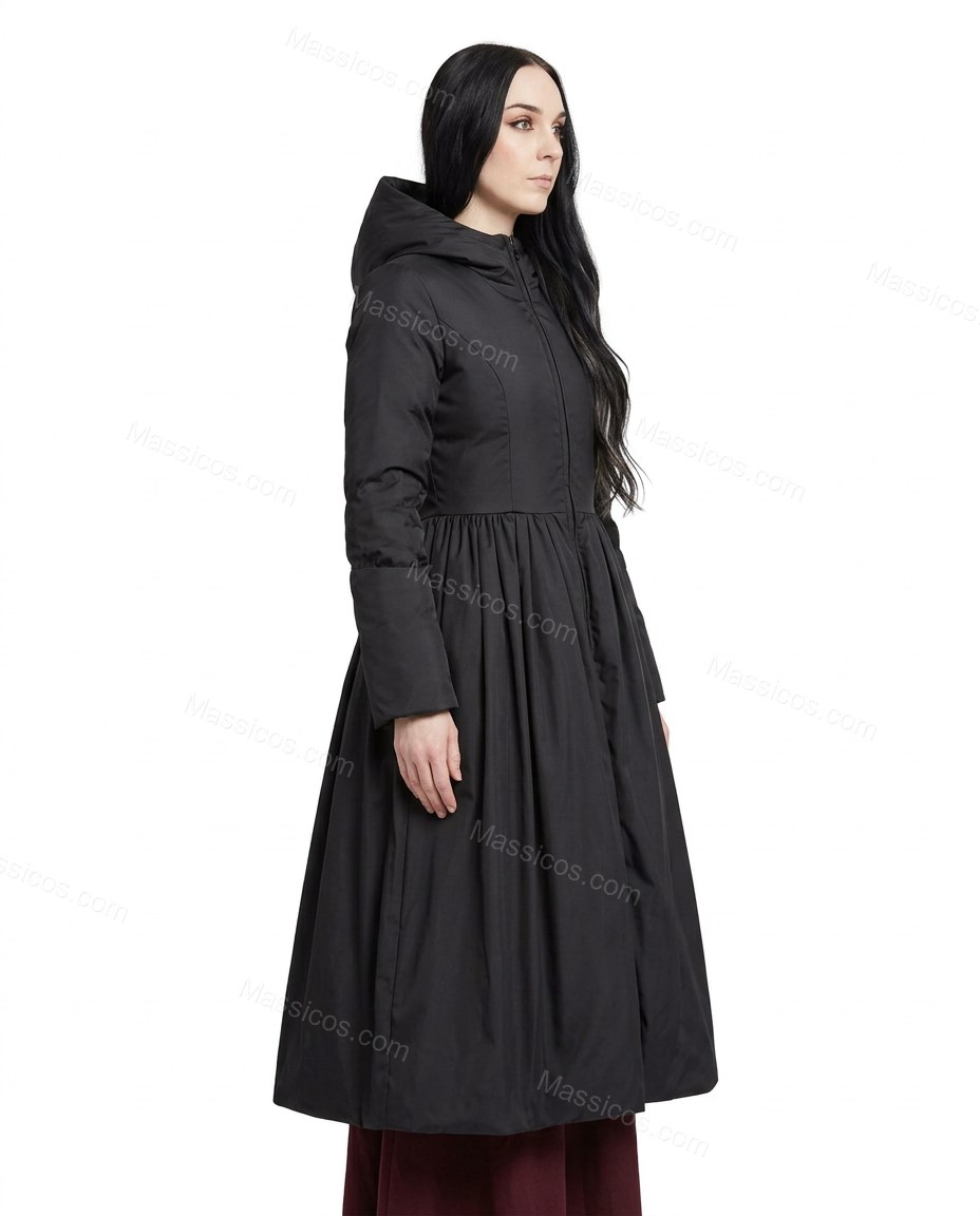 Black Satin Coat, side and back studio view showing gathered skirt with fitted bodice, by Massicos