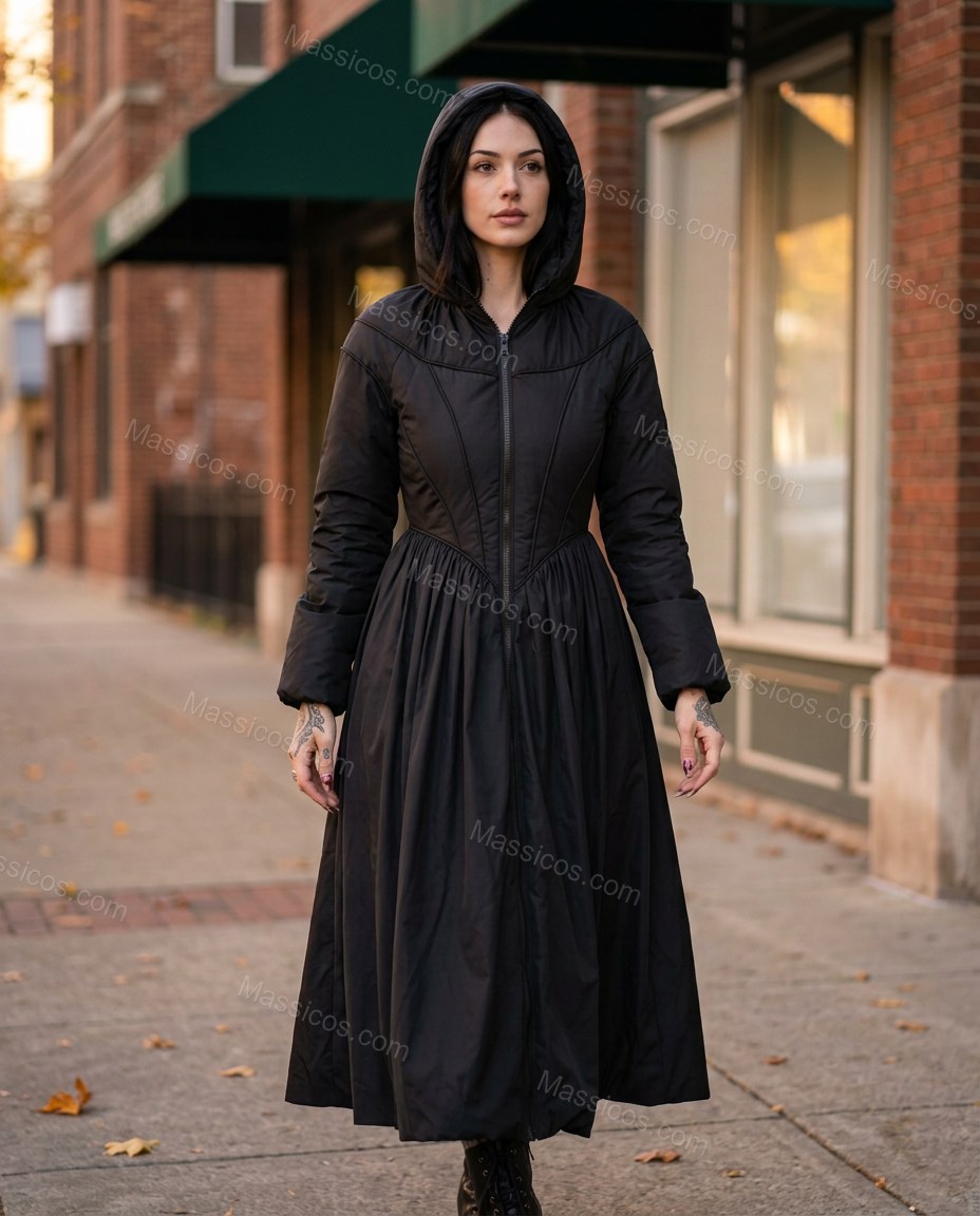 Black Satin Coat, movement and fit lifestyle view, by Massicos