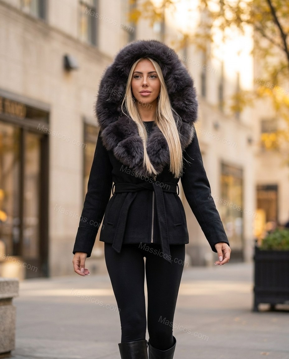 Black Faux-Fur Jacket, walking lifestyle view, by Massicos