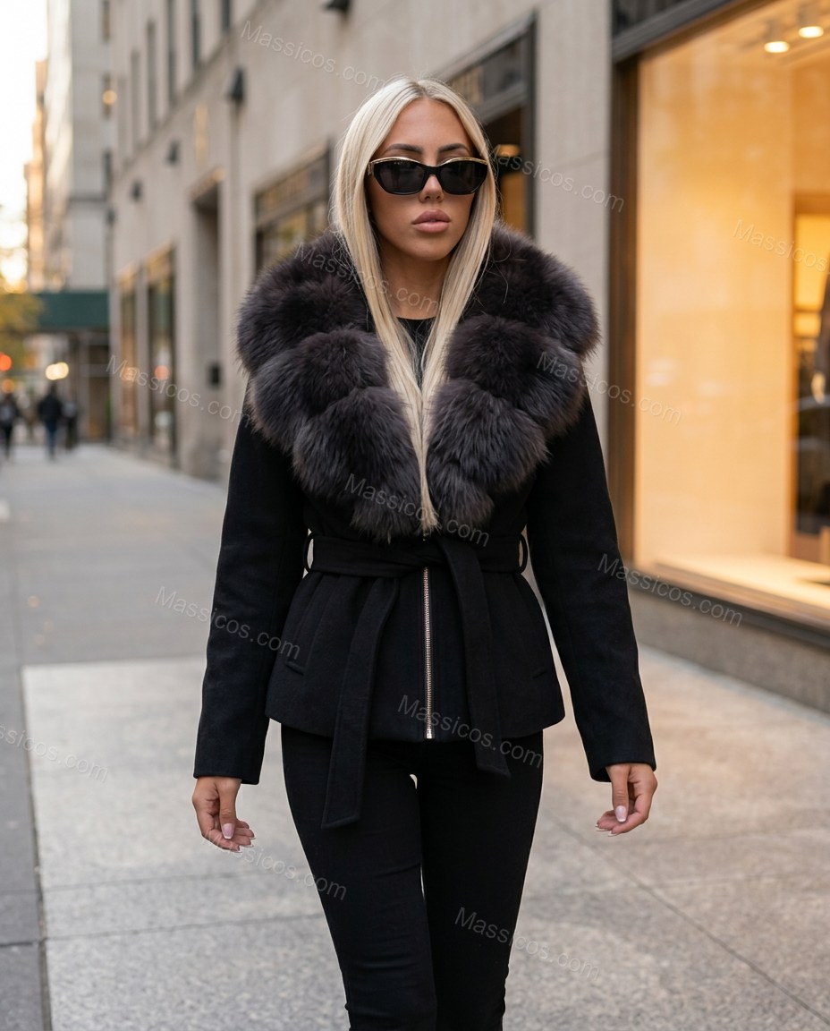 Black Faux-Fur Jacket, movement and fit lifestyle view, by Massicos