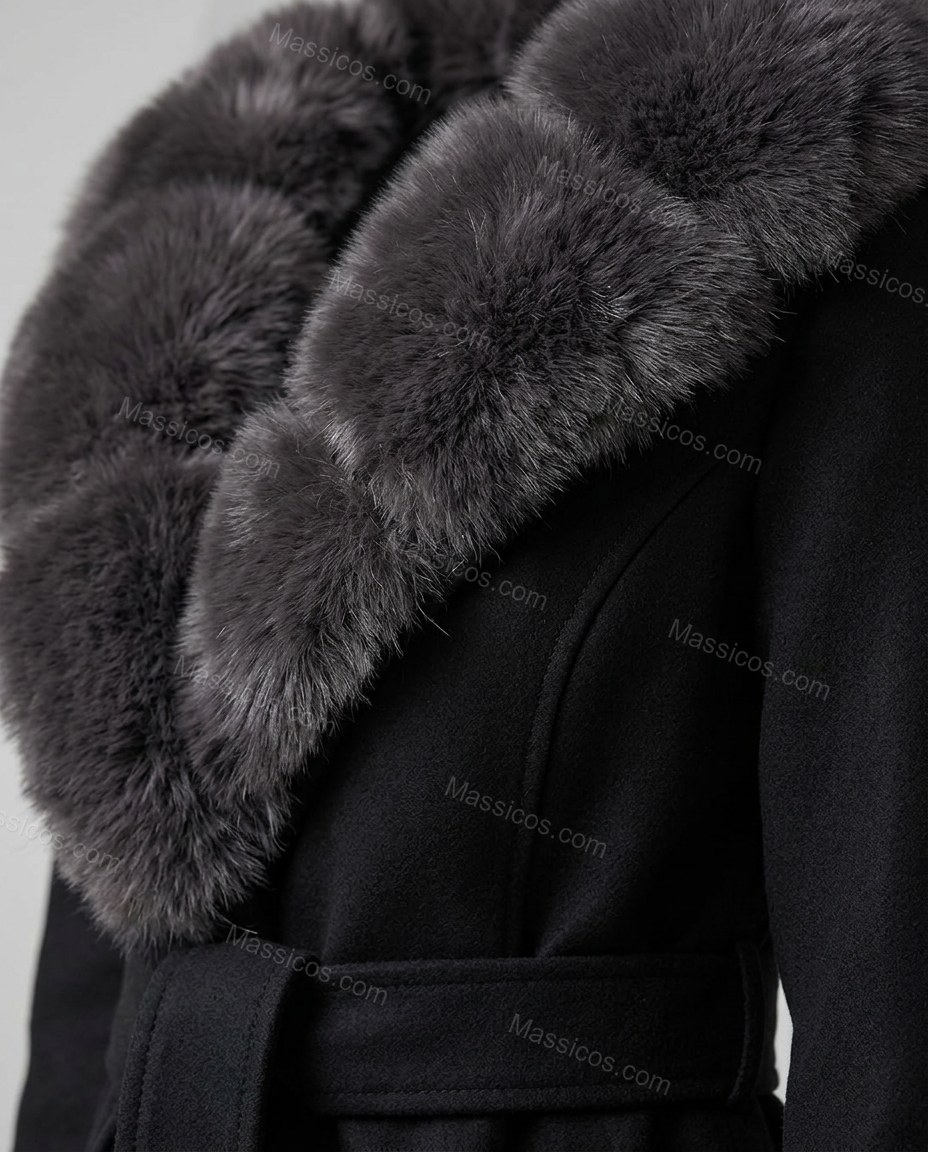 Black Faux-Fur Jacket, close-up of hood, faux fur trim and fur collar, by Massicos