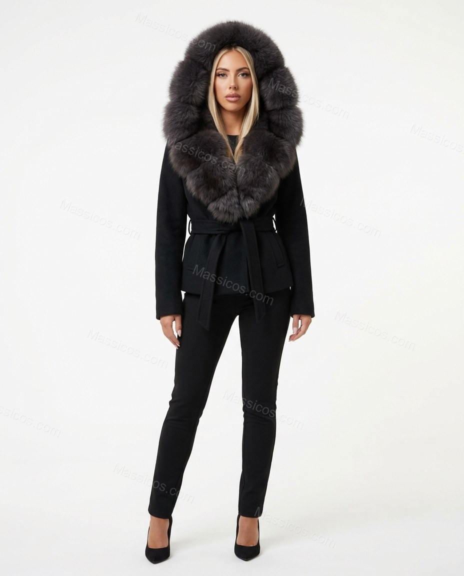 Black Faux-Fur Jacket, side and back studio view, by Massicos
