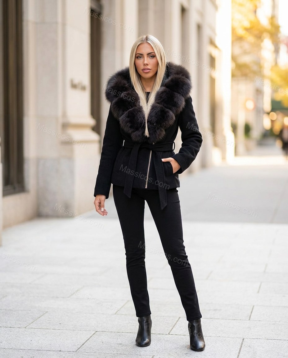 Black Faux-Fur Jacket, full-length hero view, by Massicos