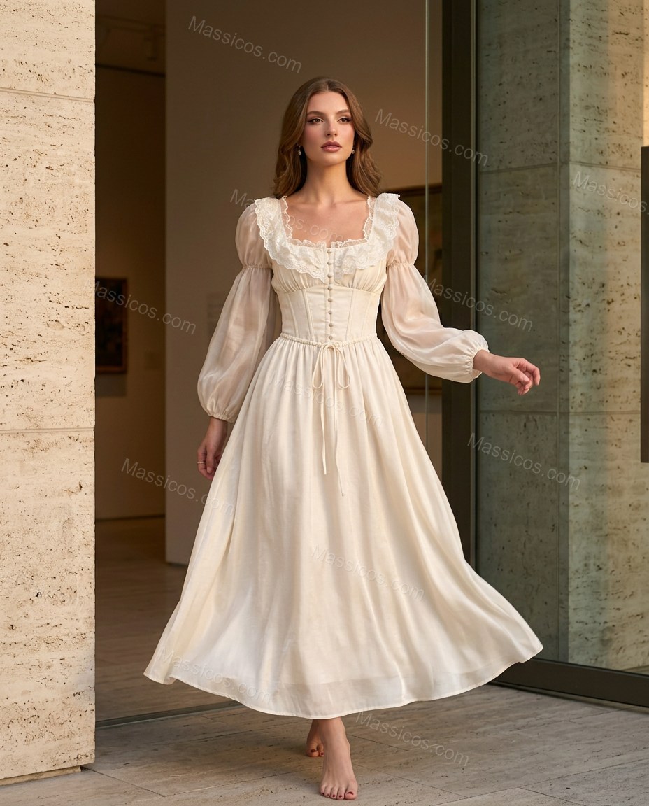 Ivory Ruffled Lace Dress, movement and fit lifestyle view, by Massicos