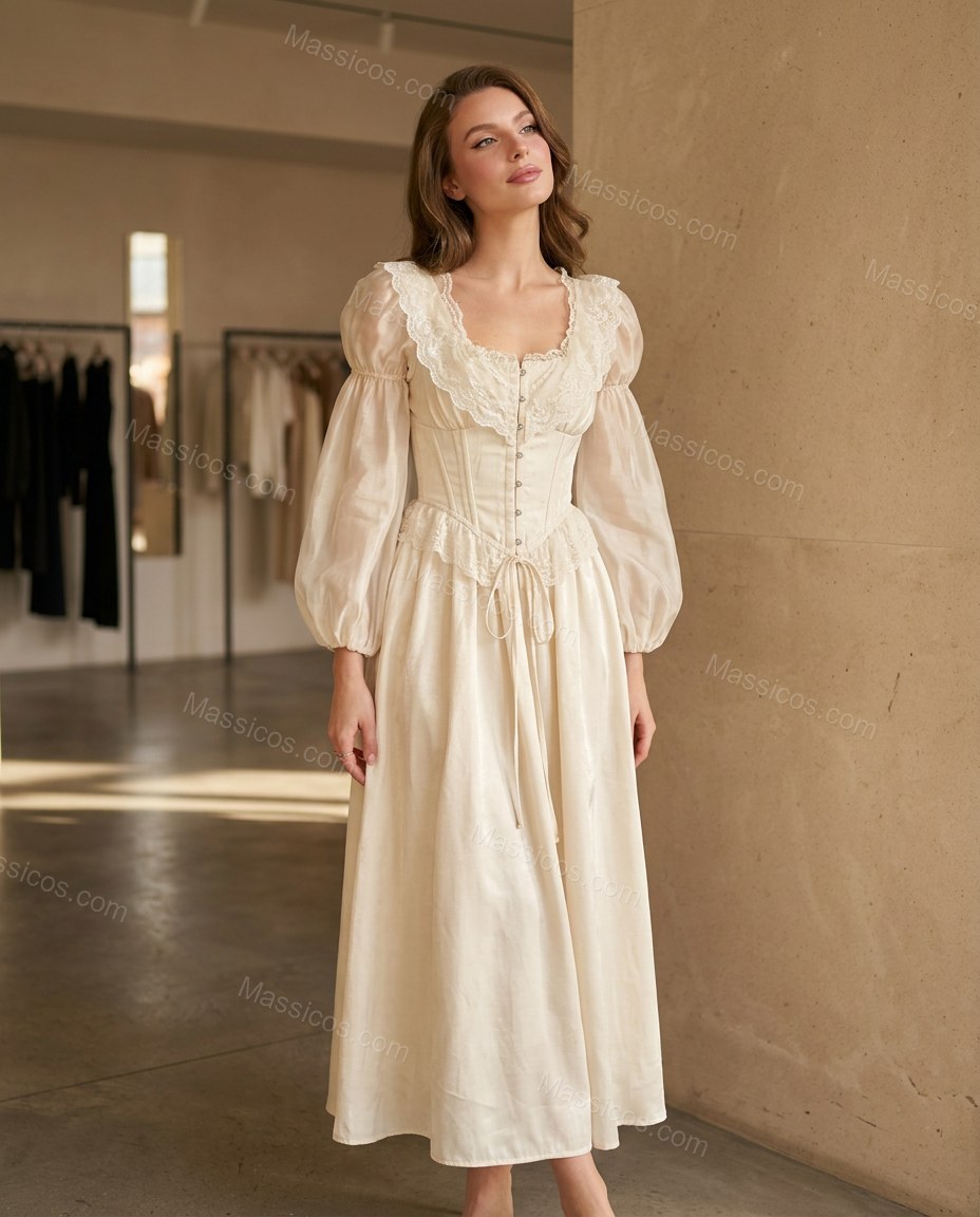 Ivory Ruffled Lace Dress, three-quarter brand lifestyle view, by Massicos