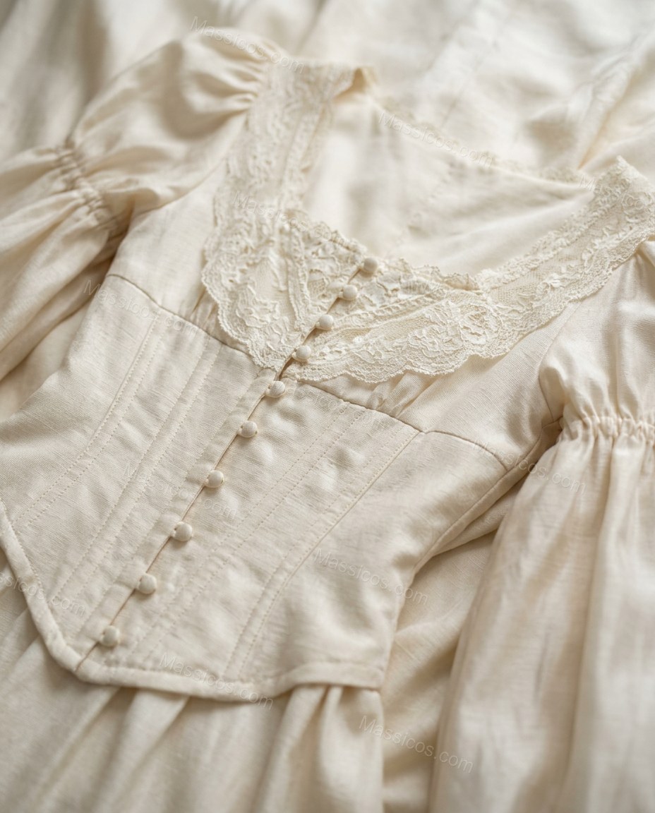 Ivory Ruffled Lace Dress, close-up of ruffled trim, drawstring waist and lace trim, by Massicos