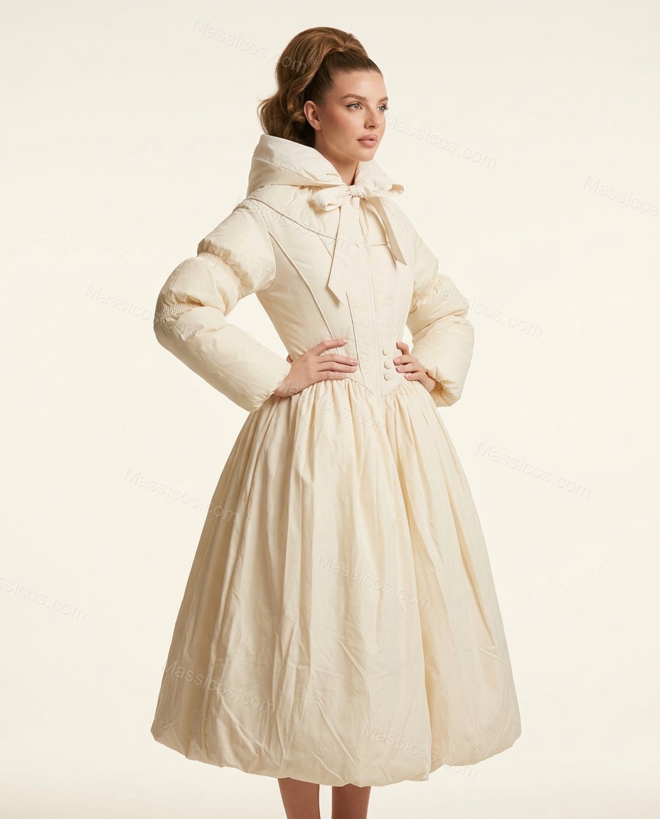 Ivory Ruffled Lace Dress, side and back studio view, by Massicos