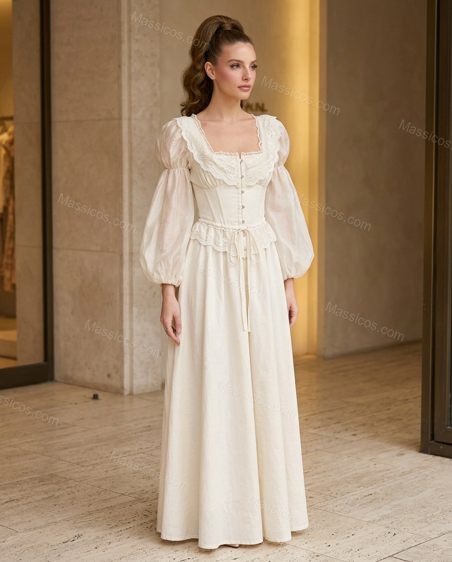 Ivory Ruffled Lace Dress, full-length hero view, by Massicos