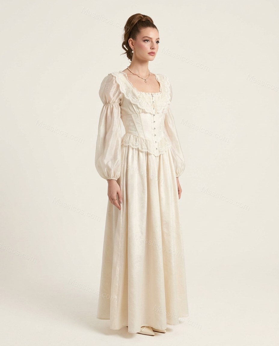 Ivory Ruffled Lace Dress, front studio view, by Massicos