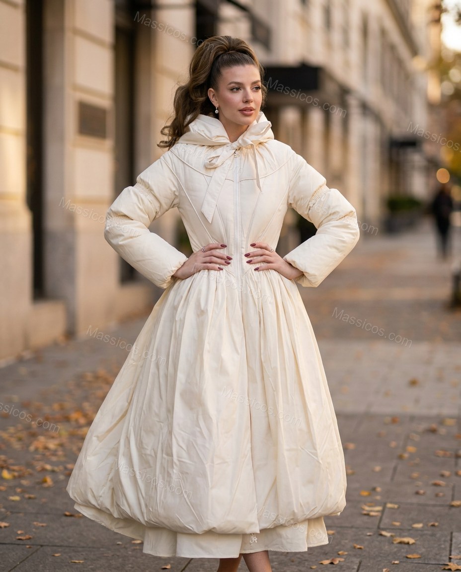 Ivory Ruffled Lace Dress, walking lifestyle view, by Massicos