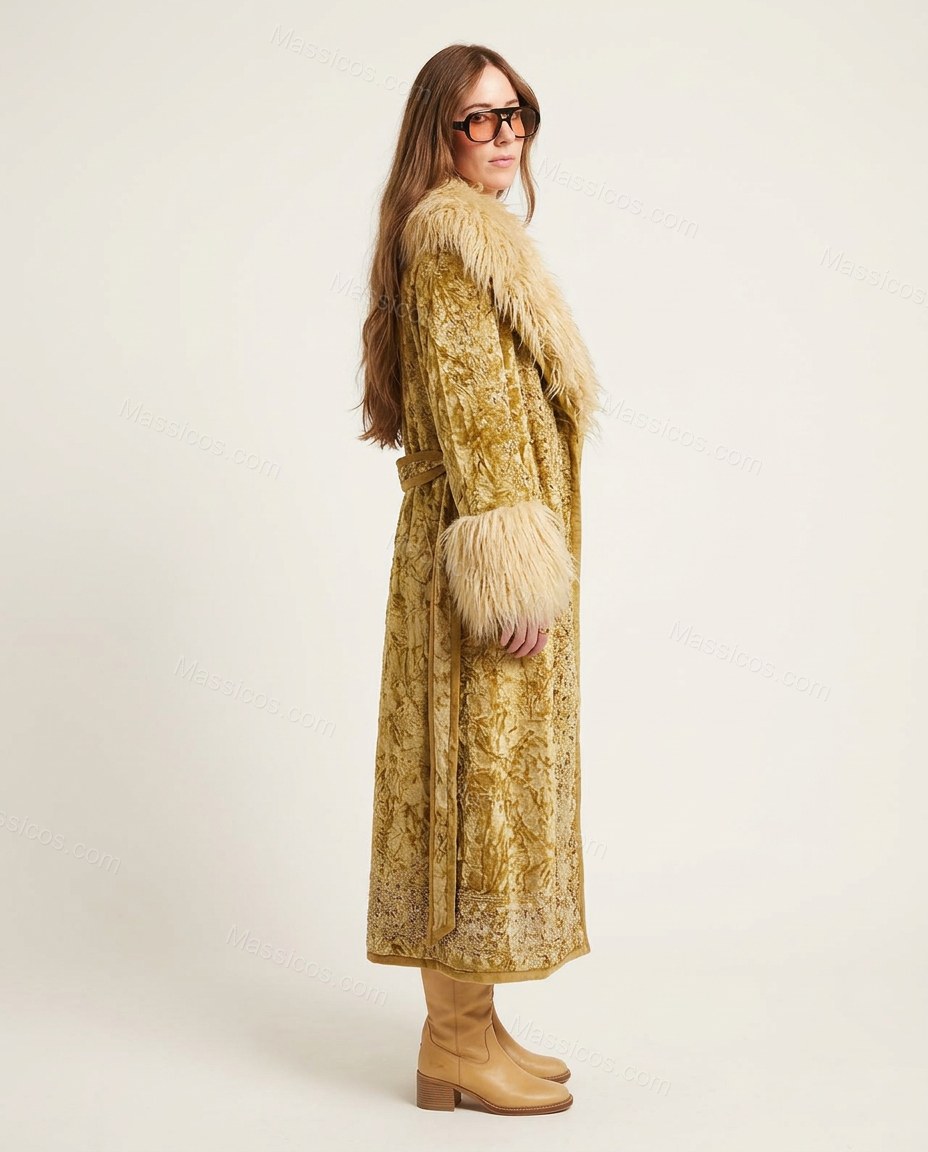 Gold Floral Velvet Coat, side and back studio view, by Massicos