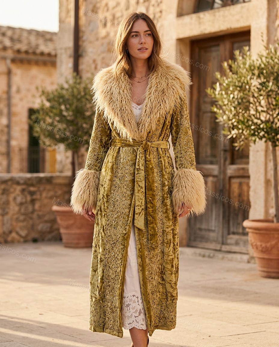 Gold Floral Velvet Coat, movement and fit lifestyle view, by Massicos