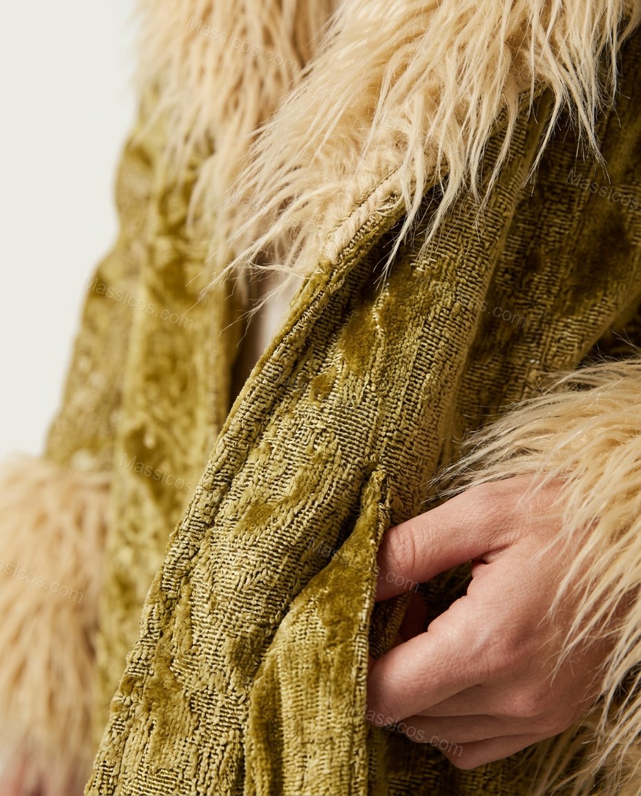 Gold Floral Velvet Coat, close-up of floral, by Massicos