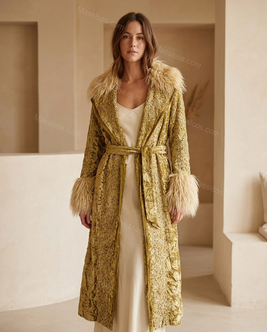 Gold Floral Velvet Coat, full-length hero view, by Massicos