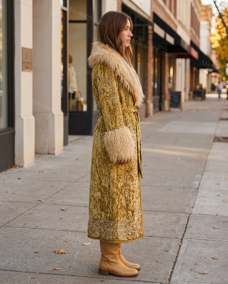 Gold Floral Velvet Coat, alternate use-case lifestyle view, by Massicos