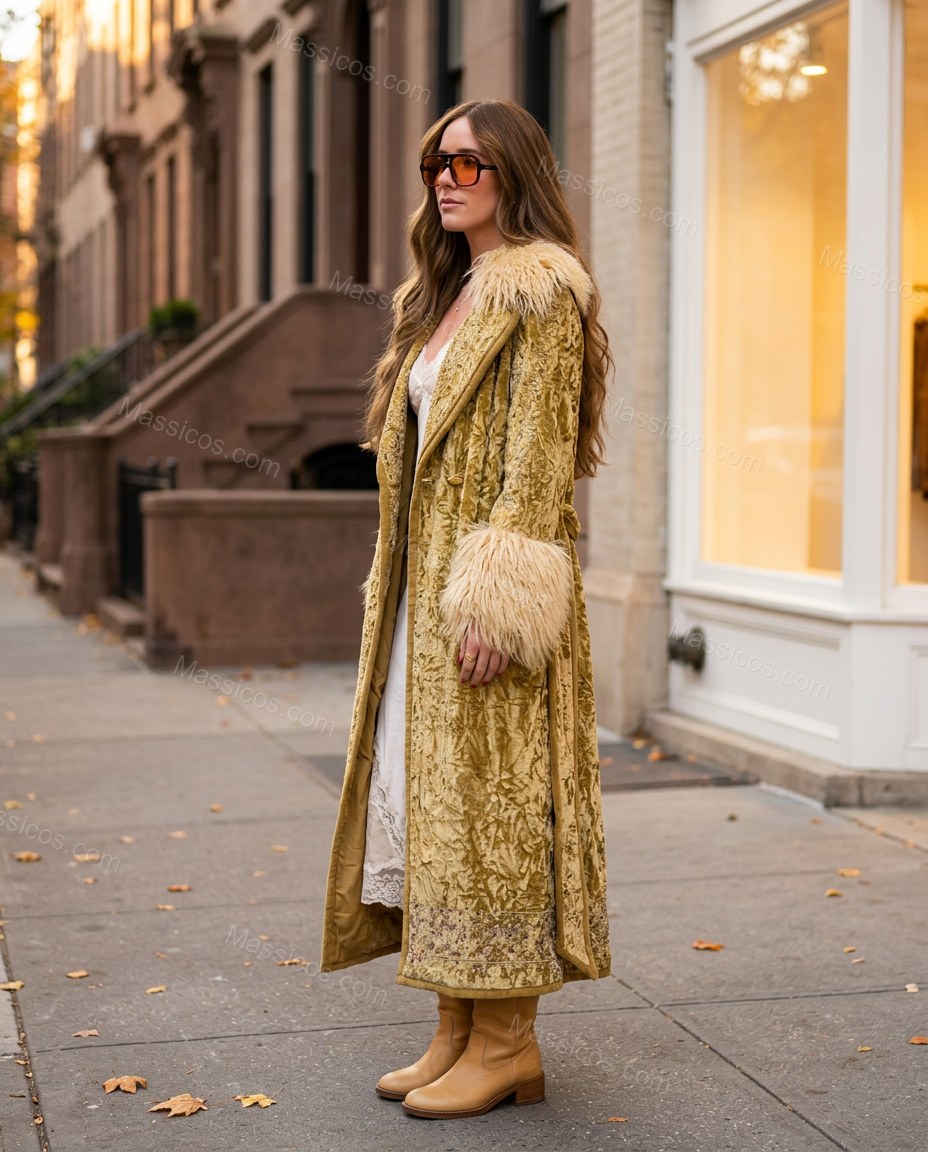 Gold Floral Velvet Coat, walking lifestyle view, by Massicos