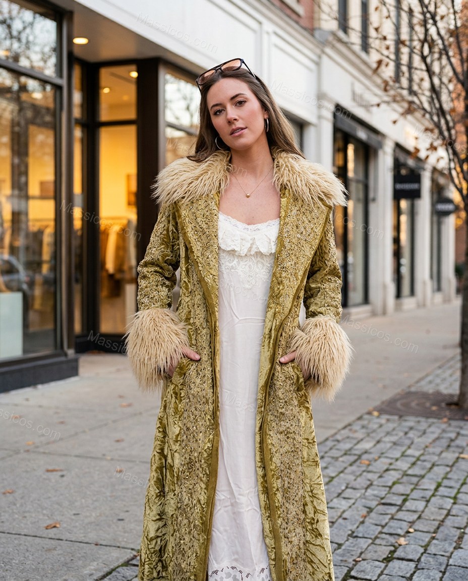 Gold Floral Velvet Coat, three-quarter brand lifestyle view, by Massicos