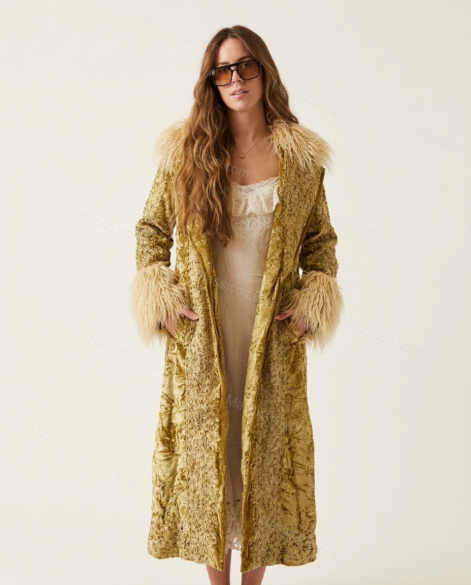Gold Floral Velvet Coat, front studio view, by Massicos