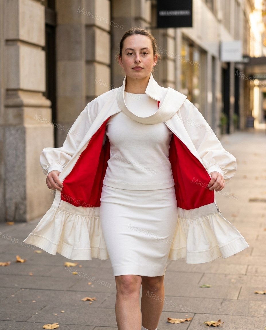 Warm Ivory White Peplum Jacket, alternate use-case lifestyle view, by Massicos