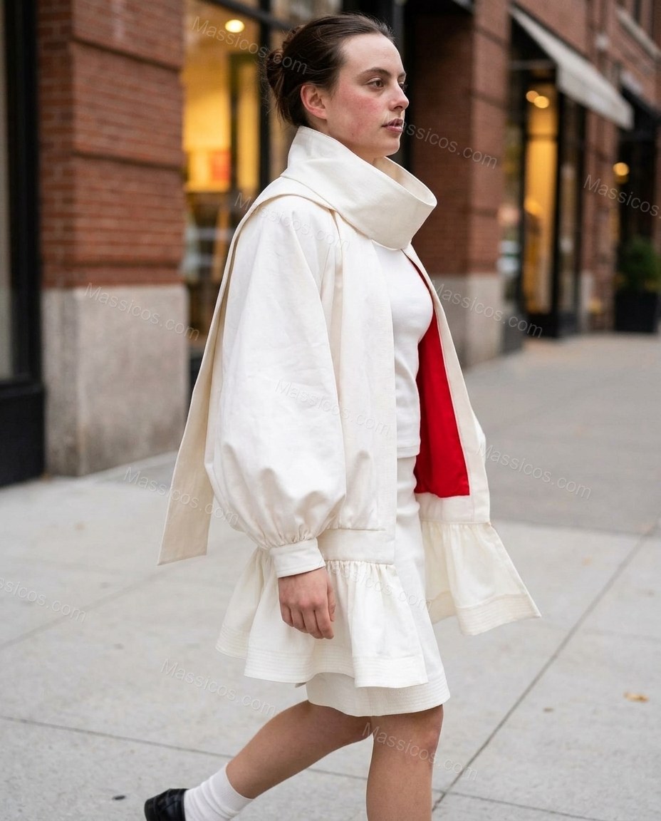 Warm Ivory White Peplum Jacket, movement and fit lifestyle view, by Massicos
