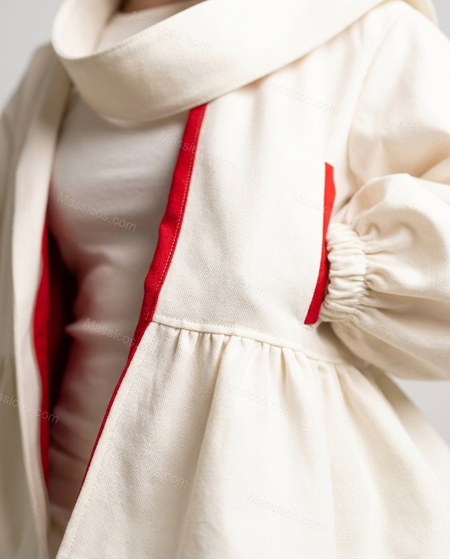 Warm Ivory White Peplum Jacket, close-up of red interior lining accents, sculptural oversized collar and balloon sleeves with gathered cuffs, by Massicos