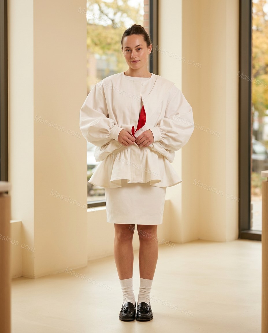 White Mini Peplum Cotton Top & Skirt Set, full-length hero view, by Massicos