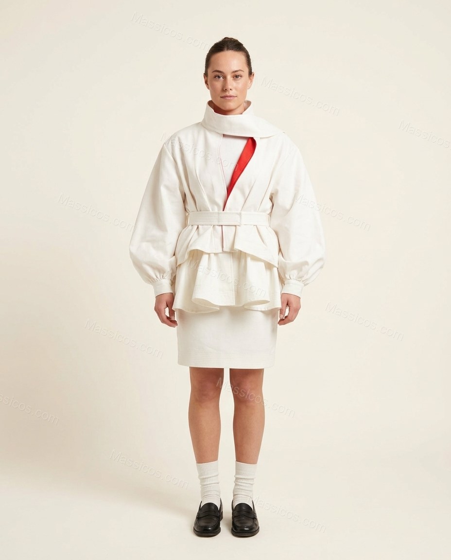 White Mini Peplum Cotton Top & Skirt Set, front studio view, by Massicos