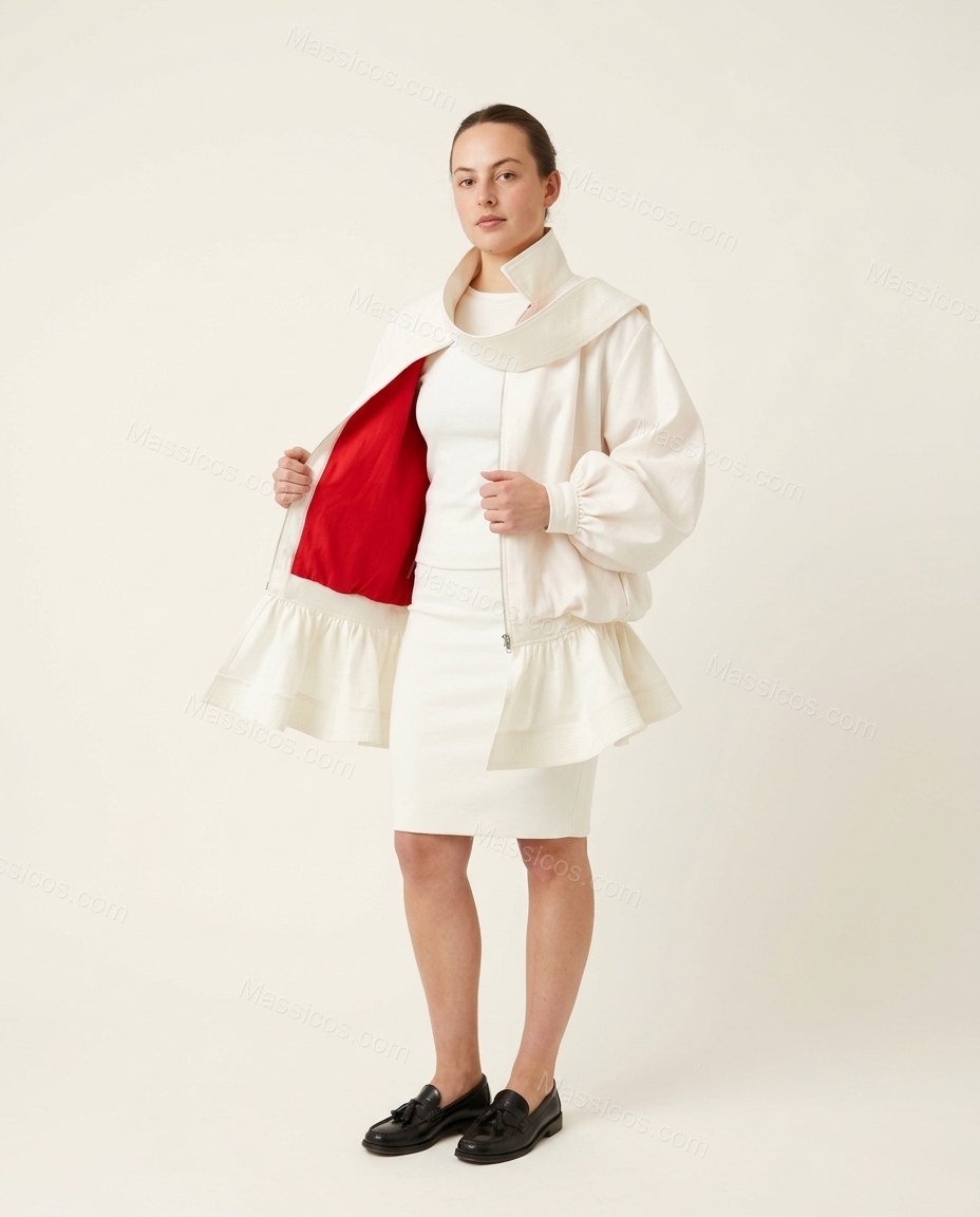 Warm Ivory White Peplum Jacket, front studio view, by Massicos